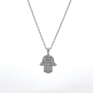 Gargantilla de oro blanco con dije Mano de Fátima y 21 diamantes (0,28 ct)